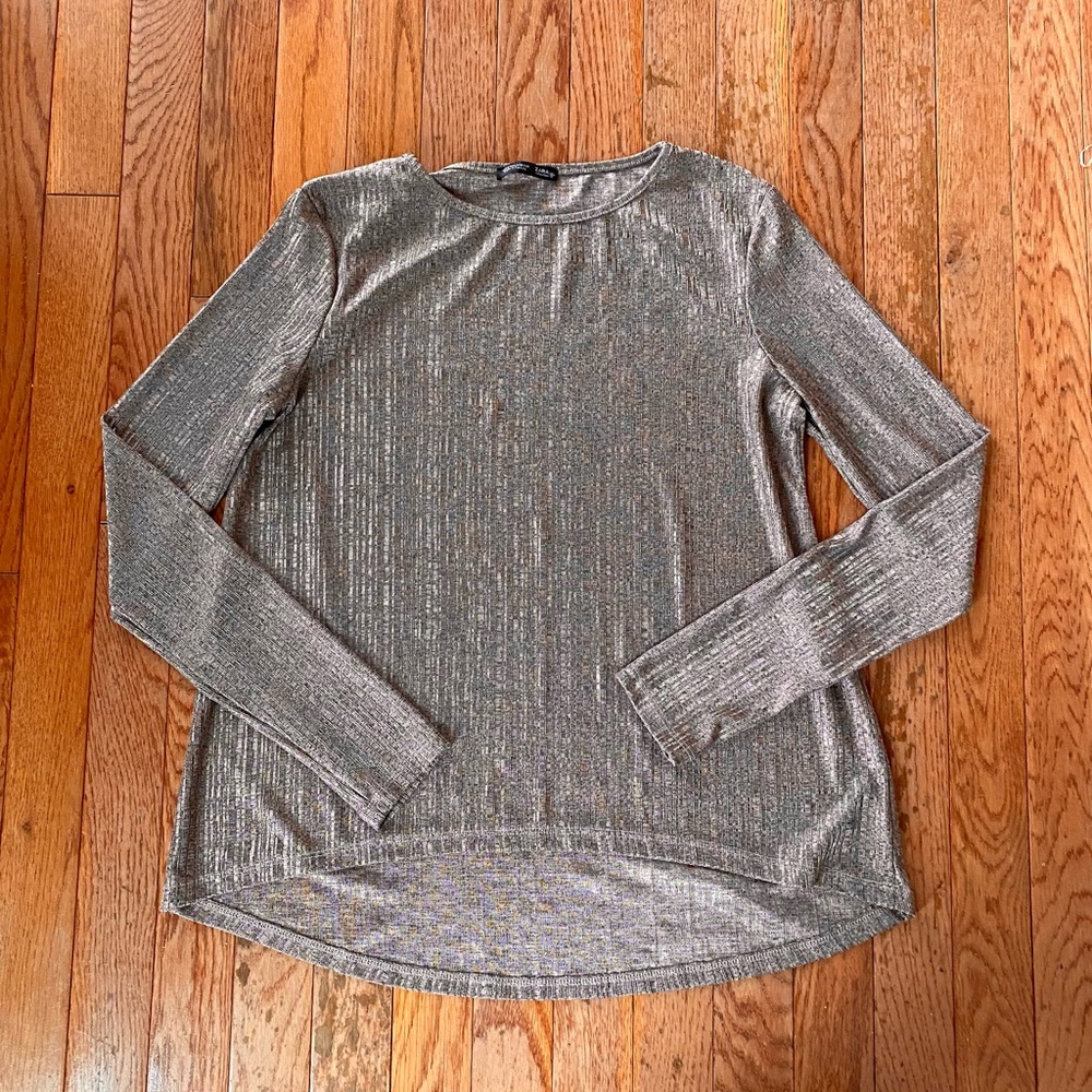 Zara golden brown bronze sparkle shimmer metallic long sleeve shirt